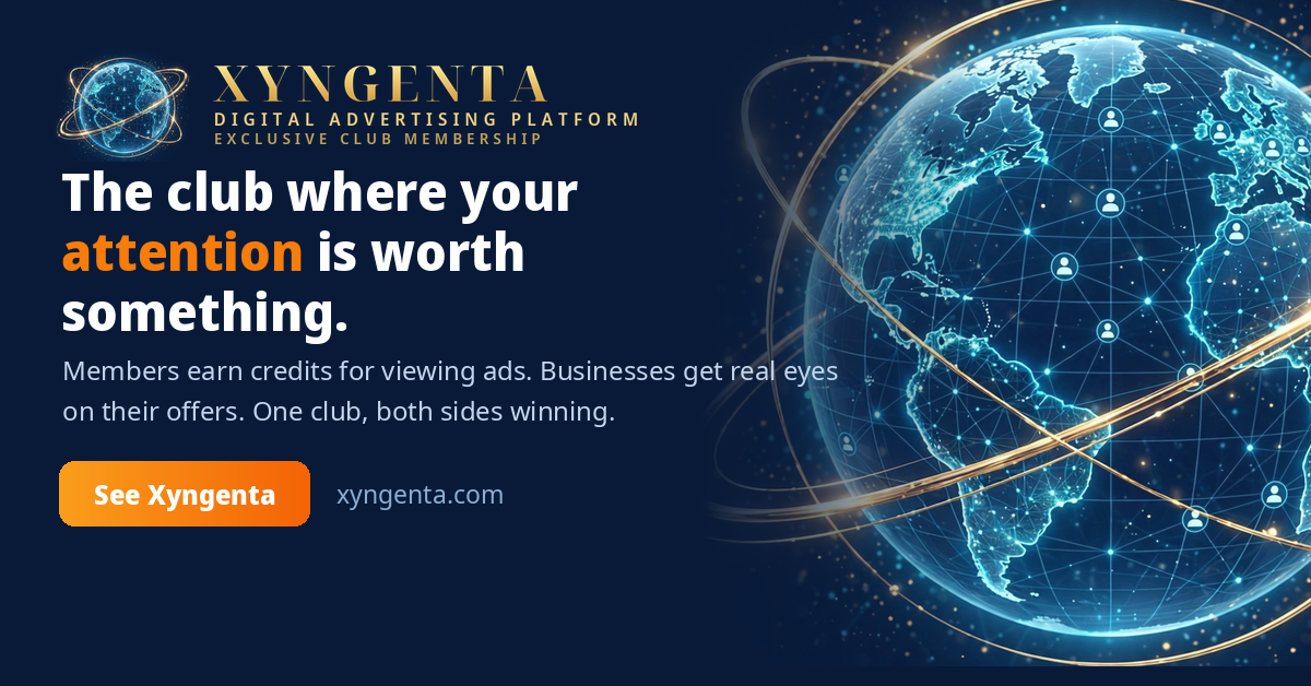 Xyngenta — the club where your attention is worth something. Members earn credits for viewing ads; businesses get real eyes on their offers. See Xyngenta at xyngenta.com